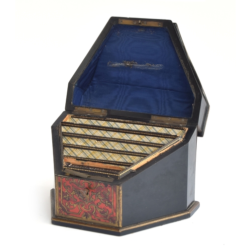 206 - A 19th century Boule work stationery box, red tortoiseshell inlaid with scrolling brass detail, the ... 