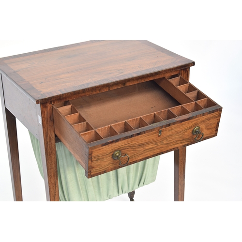 623 - A Regency rosewood crossbanded work table with single compartmented drawer over pull out wool box, o... 