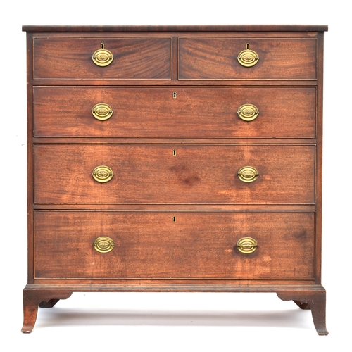 596 - A 19th century mahogany chest of two short over three long drawers on swept bracket feet, 110cm wide... 