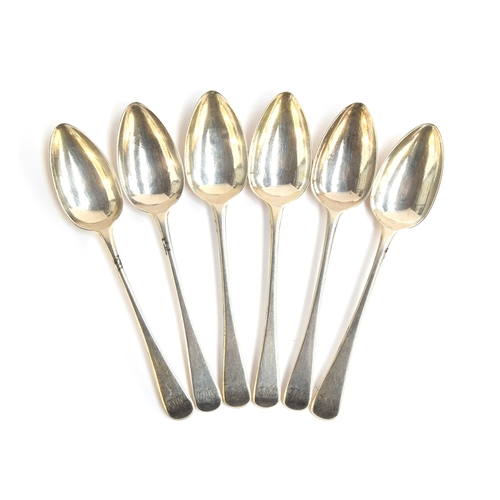 107 - A set of six George III Old English pattern dessert spoons, by Solomon Hougham, London 1792, the ter... 