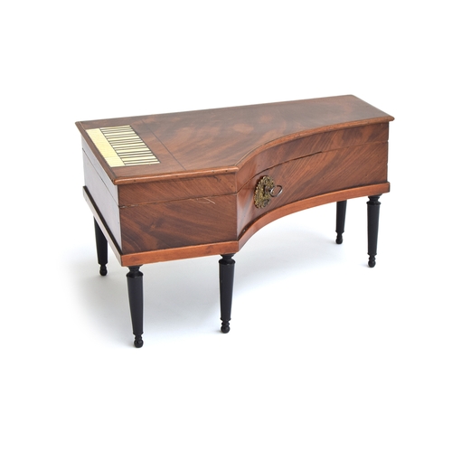 205 - A mid 19th century French mahogany musical sewing box in the form of a grand piano with inlaid keybo... 