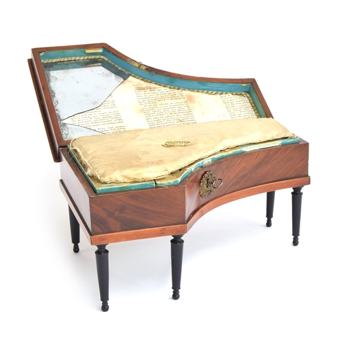 205 - A mid 19th century French mahogany musical sewing box in the form of a grand piano with inlaid keybo... 