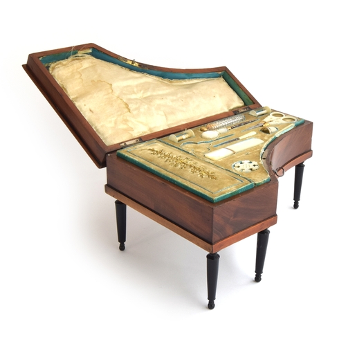 205 - A mid 19th century French mahogany musical sewing box in the form of a grand piano with inlaid keybo... 