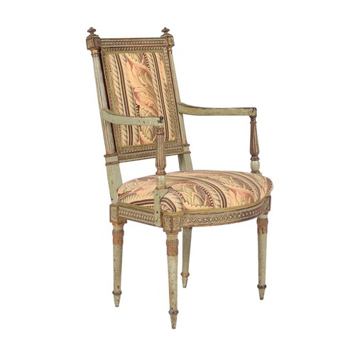 657 - A green painted and parcel gilt open armchair in Louis XVI style, early 19th century and later, 95cm... 