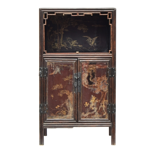 642 - A black Japanned bamboo cabinet, decorated all over with cranes, peacocks, foliage, etc, 60x44x110cm