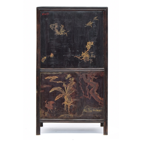 642 - A black Japanned bamboo cabinet, decorated all over with cranes, peacocks, foliage, etc, 60x44x110cm