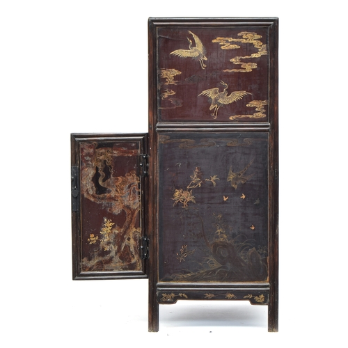 642 - A black Japanned bamboo cabinet, decorated all over with cranes, peacocks, foliage, etc, 60x44x110cm