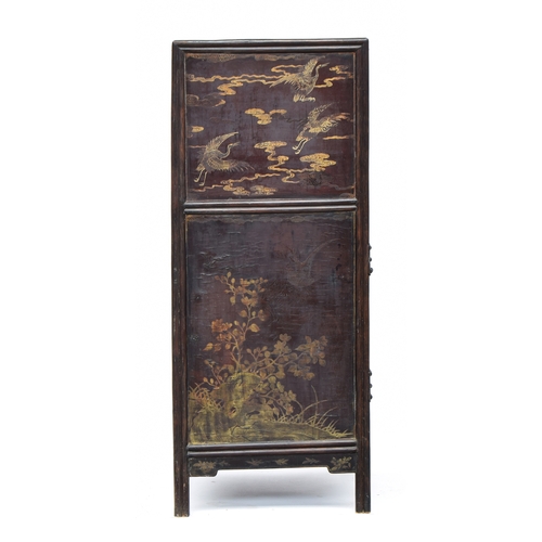 642 - A black Japanned bamboo cabinet, decorated all over with cranes, peacocks, foliage, etc, 60x44x110cm