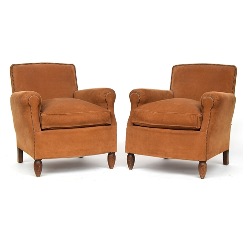 676 - A pair of beech and needle corduroy upholstered library armchairs, 20th century, each 82cm high