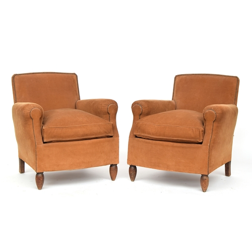 676 - A pair of beech and needle corduroy upholstered library armchairs, 20th century, each 82cm high