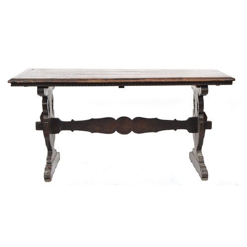 646 - A Spanish chestnut refectory style table, moulded three plank top with cleated ends, 152cm wide, 72c... 