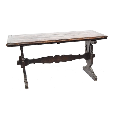 646 - A Spanish chestnut refectory style table, moulded three plank top with cleated ends, 152cm wide, 72c... 