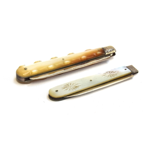 196 - Two 19th century mother of pearl handled penknives, one with engraved floral design to handle and in... 