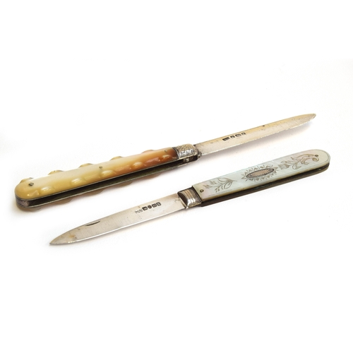 196 - Two 19th century mother of pearl handled penknives, one with engraved floral design to handle and in... 