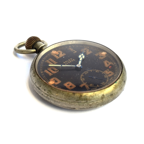 69 - A Rolex British military issue open face pocket watch, the black dial with luminous Arabic numerals ... 