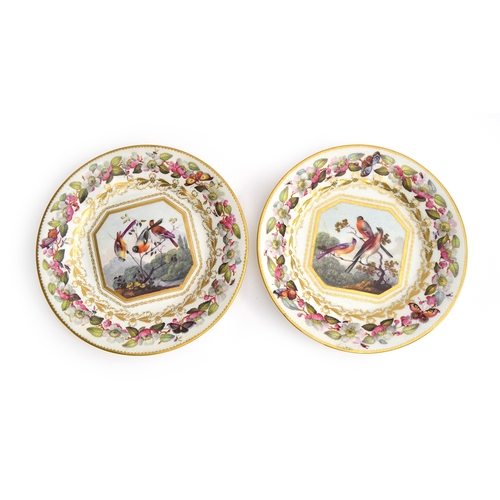 280 - A pair of 19th century hand painted Derby plates, c.1810, painted by Richard Dodson, the central pan... 