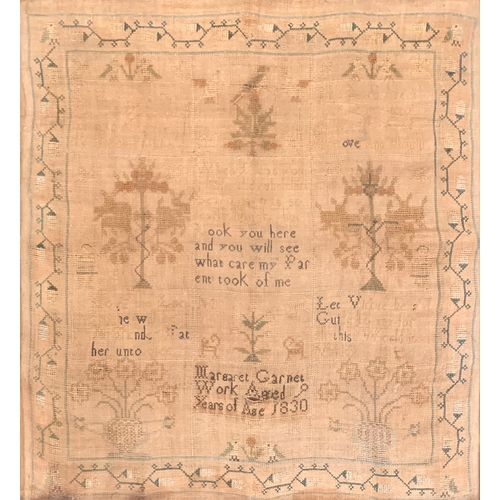 326 - A Regency verse sampler by Margaret Garnet, aged 9, 1830, 47x43cm