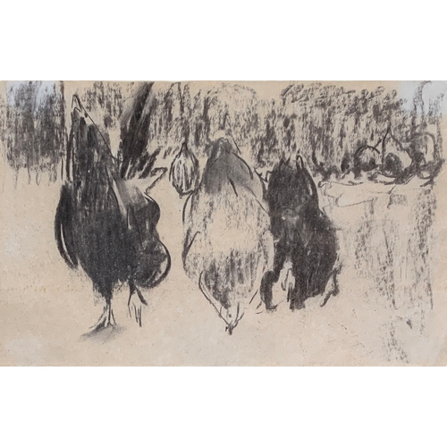 472 - Harry Becker (1865-1928), 'Cockerel with Chickens in the Farmyard', conte crayon on paper, 13x20cm