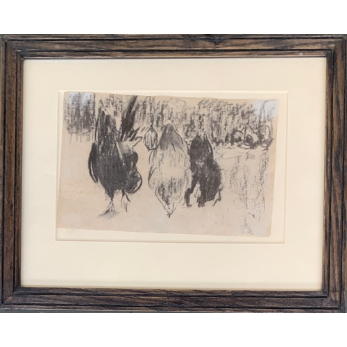 472 - Harry Becker (1865-1928), 'Cockerel with Chickens in the Farmyard', conte crayon on paper, 13x20cm