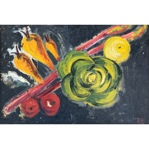 482 - Mixed media, still life of fruit and vegetables, with still life of flowers to verso, oil on board, ... 