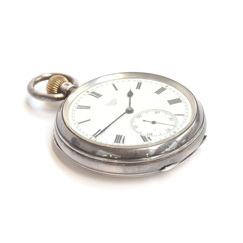 73 - A silver open face fob watch, Arabic numerals to white enamel dial, with outer minute track and subs... 