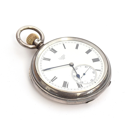 73 - A silver open face fob watch, Arabic numerals to white enamel dial, with outer minute track and subs... 