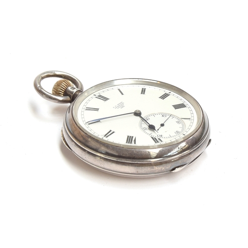 73 - A silver open face fob watch, Arabic numerals to white enamel dial, with outer minute track and subs... 