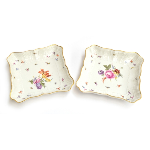 281 - A pair of 19th century square Meissen dishes, with hand painted floral spray and insect decoration, ... 