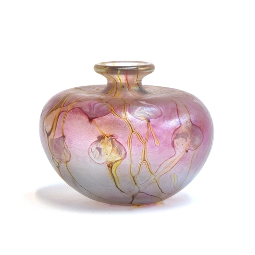 305 - A Siddy Langley (b.1955) iridescent art glass vase, pink petals on a pink ground, signed and dated 1... 