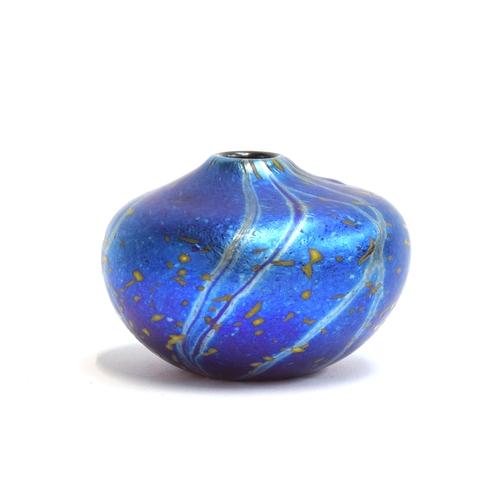 306 - A Siddy Langley (b.1955) iridescent art glass vase, of compressed form, gold flecks on a cobalt blue... 