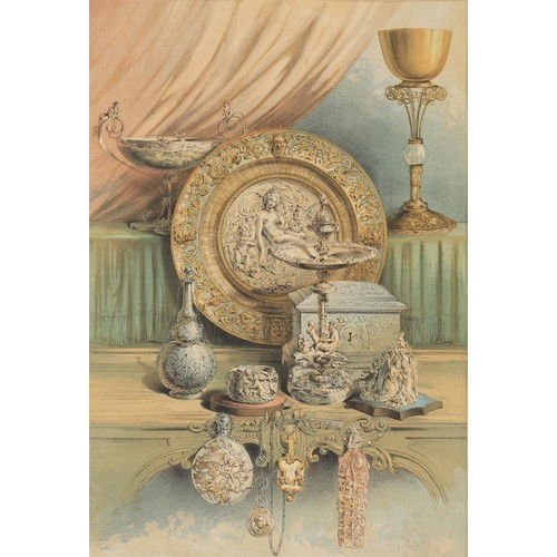 459 - After Matthew Digby Wyatt, A set of five decorative prints of urns and tableware, to include a silve... 