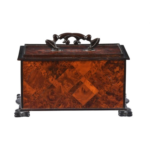 207 - A burr yew and amboyna ebonised box, mid 19th century style, the lid lifting to a vacant interior, 3... 