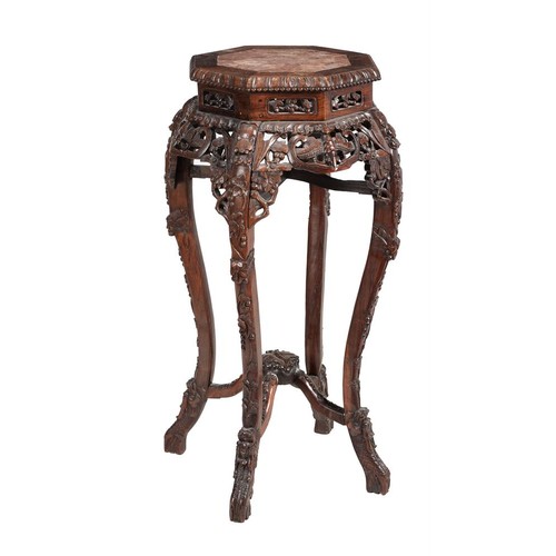 629 - A Chinese carved hardwood and marble inset jardinière stand, 95cm high