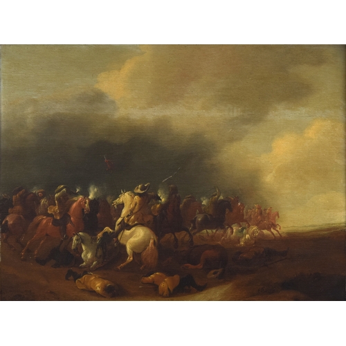 391 - Jan Jacobsz van der Stoff (Leiden 1611-1682), cavalry skirmish, oil on board, signed lower right, 45... 