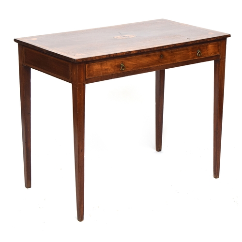633 - A Regency mahogany and banded side table, the top with central oak leaf and acorn patera, above a si... 