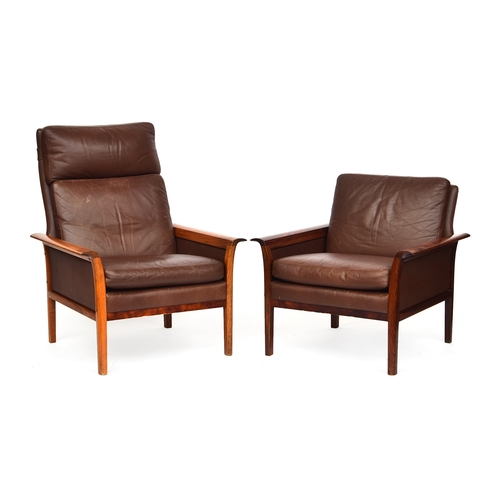 689 - Hans Olsen for Vatne Mobler, a pair of mid century Norwegian rosewood armchairs c.1950s, upholstered... 