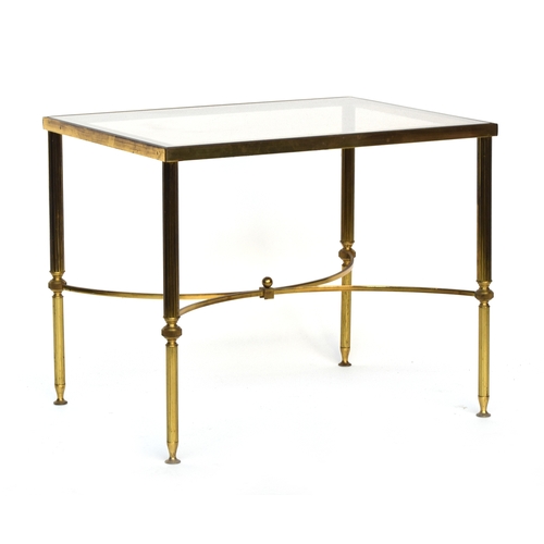 693 - A gilt metal occasional table, smoked glass top, on reeded legs, with X stretcher, 62cm wide, 47cm d... 