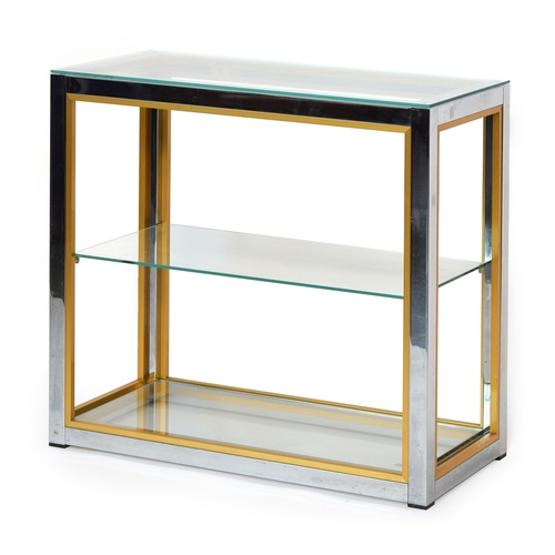 690 - A Renato Zevi Italian chromed steel and brass étagère, with three glass shelves, c.1970, 76cm wide, ... 