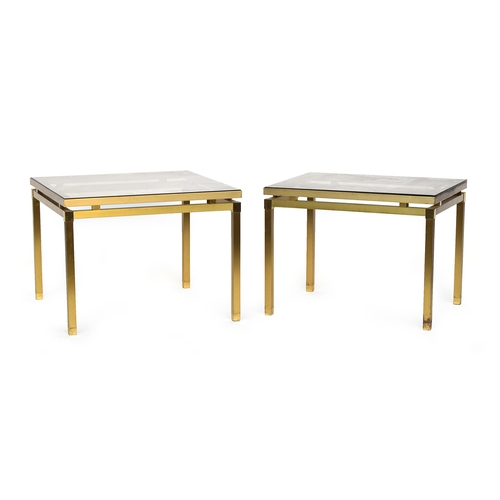 694 - Two brushed metal coffee tables by Maison Jansen, with smoked glass inset tops, 61cm square, 46cm hi... 