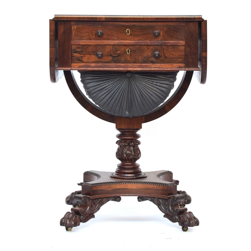 624 - An early Victorian rosewood drop leaf work table, with two fitted frieze drawers with silk work draw... 