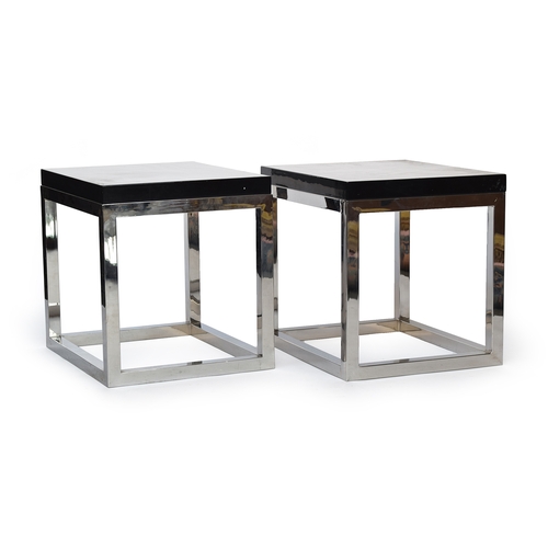 697 - A pair of contemporary lamp tables of cubic form, high lacquer tops on chromed bases, 50cm wide, 60c... 