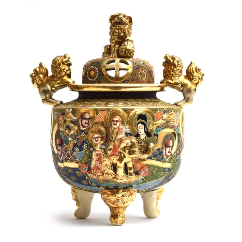 255 - A large Japanese satsuma porcelain censer depicting the 16 Arhats, with handles in the form of foo d... 