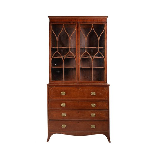 600 - A George III mahogany, satinwood banded and box strung secretaire bookcase, plain cornice above twin... 