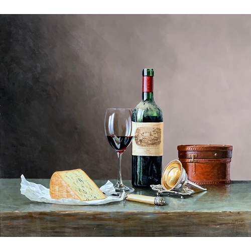 393 - Ian Mastin (b.1949), 'Chateau Lafite '82', still life, oil on board, signed lower right, 41cm x 46cm