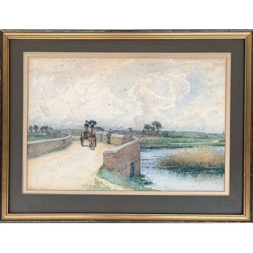 347 - Arthur G Bell, watercolour, Sturminster Marshall bridge by White Mill, 36 x 53cm