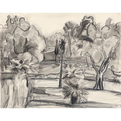 517 - Martin Bloch (German 1883-1954) garden scene, charcoal, ink and colourwash, signed and dated 1927, 4... 