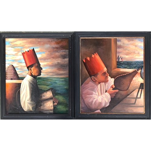 446 - A pair of 20th century oil on boards, depicting men in crowns, initialled 'GHD', each 59x49cm