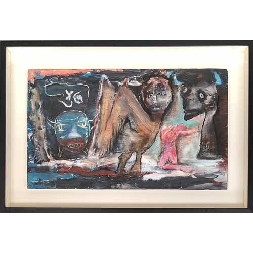 449 - Moris Tepper (American), 'Chicken Man', mixed media on board, floated panel within glazed box frame,... 