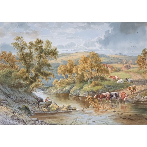 361 - Vernon Foster (fl. 1880-1920), river scene with angler and cattle watering, watercolour, signed, 24.... 