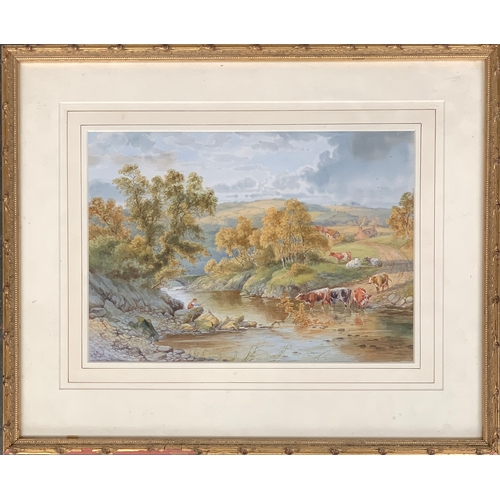 361 - Vernon Foster (fl. 1880-1920), river scene with angler and cattle watering, watercolour, signed, 24.... 